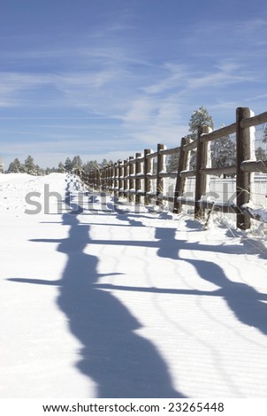 Perspective shot of post rail fence line shadows in the freshly fallen snow.