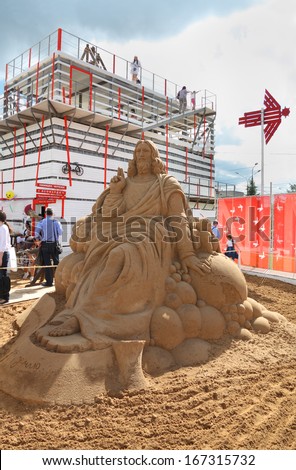 PERM - JUNE 10: Sand sculpture Jesus at festival White Nights, on June 10, 2012 in Perm, Russia.