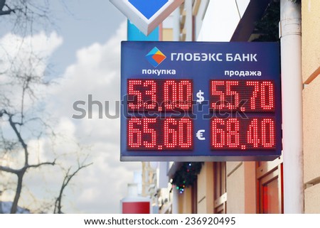 PERM, RUSSIA - DEC 9, 2014: Display Globex Bank with red digits exchange rates - dollar and euro. Due to conflict in Ukraine ruble falls and dollar strengthened