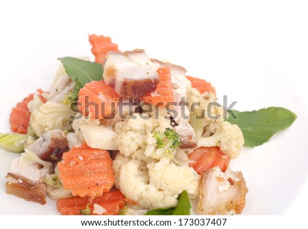 thai cuisine,stir fried vegetables with pork in dish./Fried vegetables.