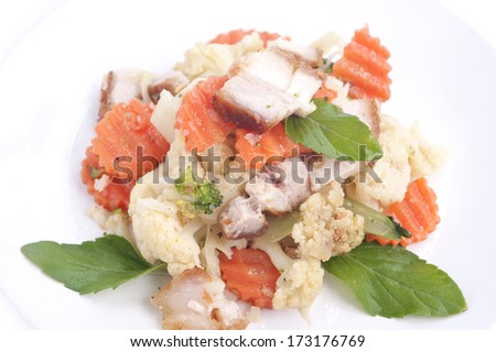 thai cuisine,stir fried vegetables with pork in dish./Fried vegetables.