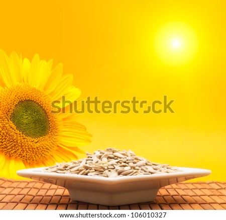 Sunflower seeds on plate with flower and sun in background