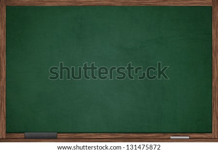 Green blackboard in wooden frame with eraser and chalk