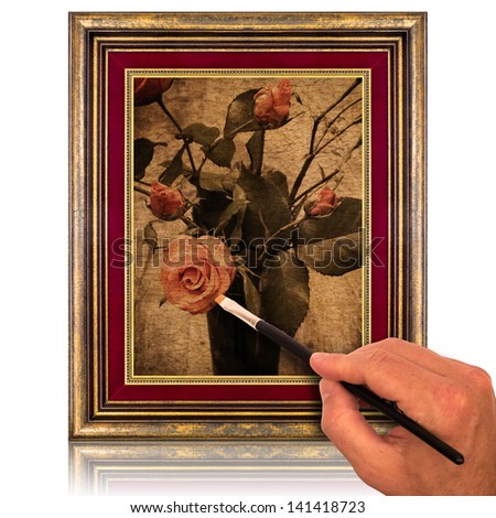Hand painting still life in antique wooden frame on white background