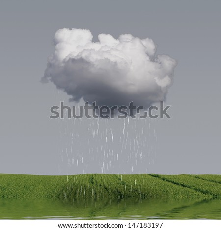 Rain weather concept with cloud and flooded field
