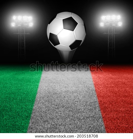Soccer ball above italian flag grass field against illuminated stadium lights