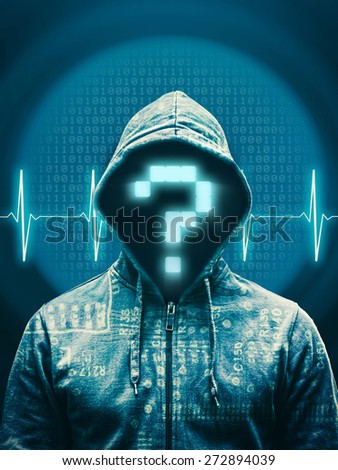 Hacker with question mark against abstract background