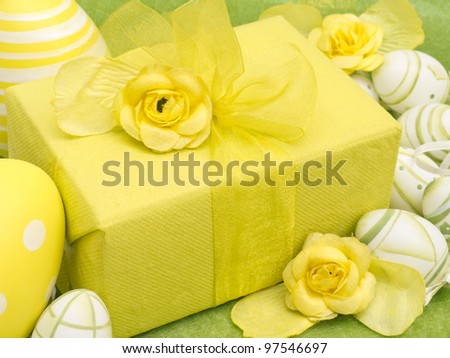 Easter present with flowers and eggs decorations