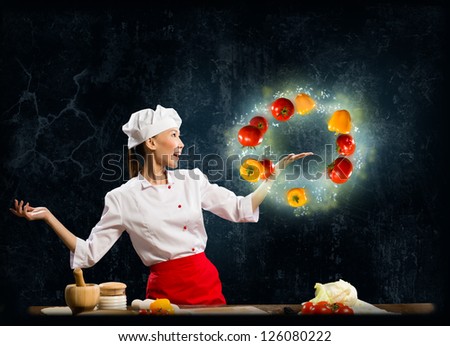 Asian woman chef juggling with vegetables in one hand, a collage