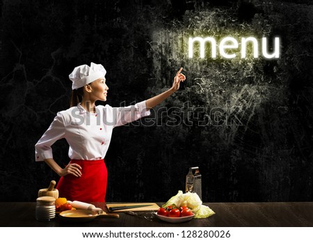 woman cook touch glowing word menu , concept collage