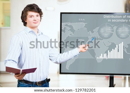 young business man shows on the monitor financial growth charts, making presentations