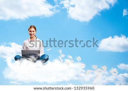young girl running in the clouds with a laptop, take off from it and symbols