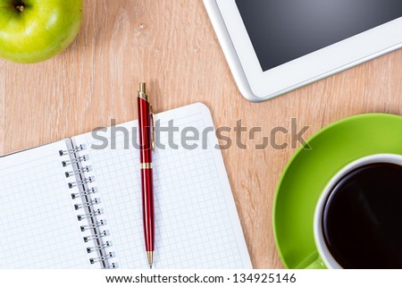 pen, coffee, notepad and tablet, workplace businessman
