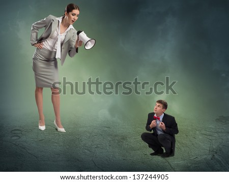 woman screams at the frightened man, the concept of aggression