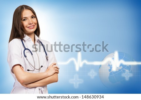 young female doctor put her hands on his chest, on the abstract medical background