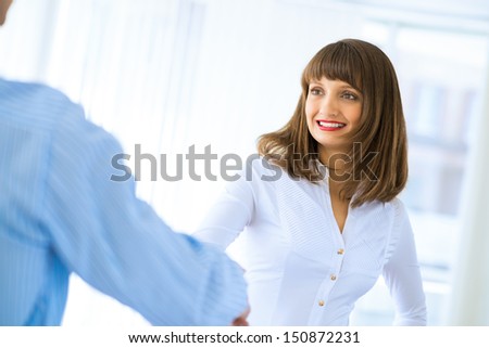 young business woman shaking hands with a client, the agreement between the partners
