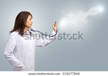 young female doctor for medical stethoscope luminous symbols, smiling and looking ahead
