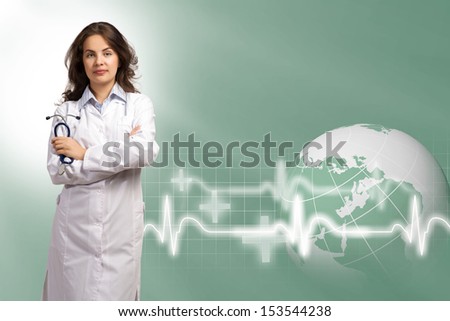 young female doctor put her hands on his chest, on the abstract medical background