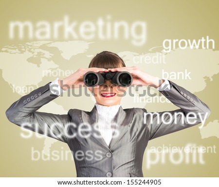 business woman looking through binoculars, concept search solutions in business