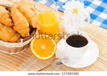continental breakfast: coffee, strawberry, croissant and juice