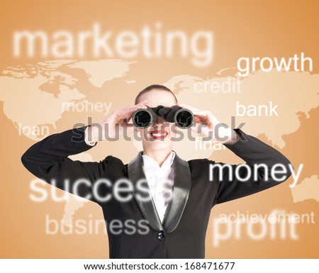 business woman looking through binoculars, concept search solutions in business