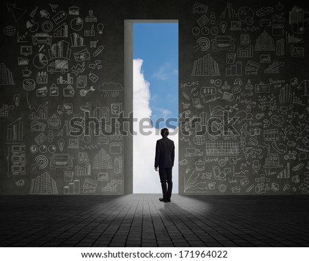 businessman standing at the exit, clouds and sky, painted on the wall of a business plan