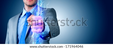 close-up of clasped hand, hand of lightning flashes and lights