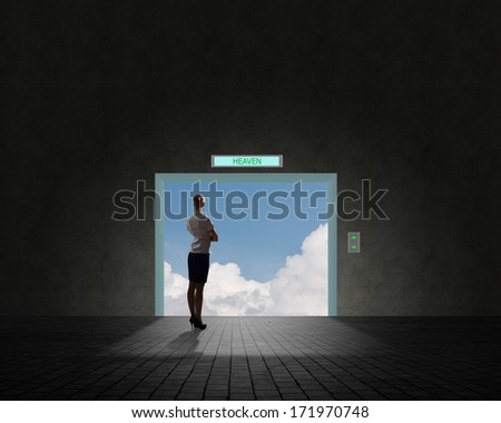 Business woman standing near an open door, the door sky and clouds