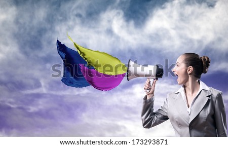 business woman cooks shouting into a megaphone, splash of color paint megaphone