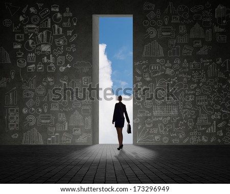 businesswoman standing at the exit, clouds and sky, painted on the wall of a business plan