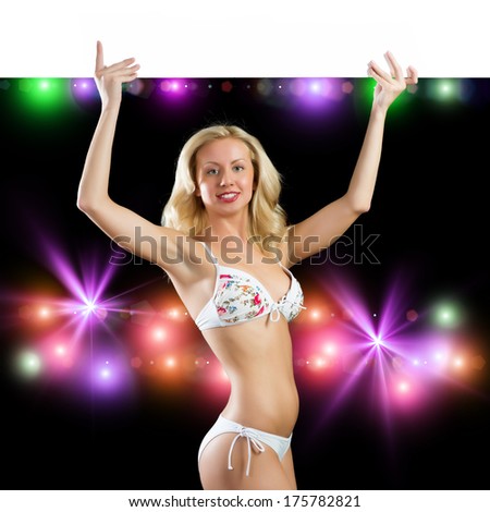 image of young attractive woman in bikini holding banner, copy space