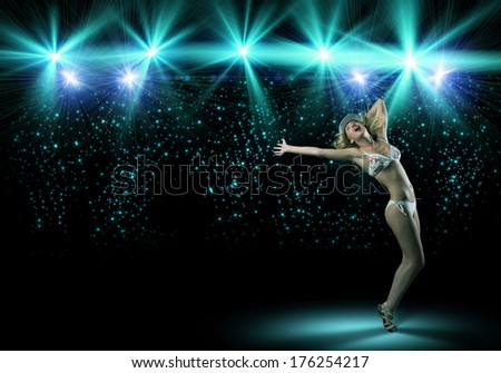 image of young woman in bikini and hat dancing, isolated on black background