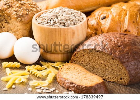 Fresh bread, eggs, pasta and grains. cook fresh bread at home