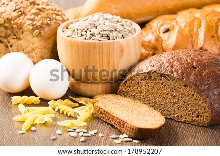 Fresh bread, eggs, pasta and grains. cook fresh bread at home