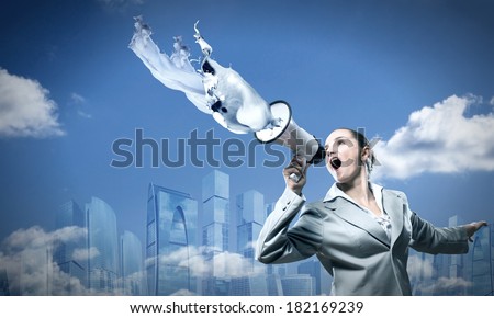business woman cooks shouting into a megaphone, splashes of white paint from a megaphone
