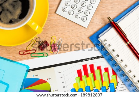 image of a cup of coffee, calculator, notepad and pen. business still life