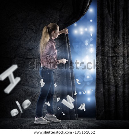 image of a young woman bends curtain fly abstract symbols