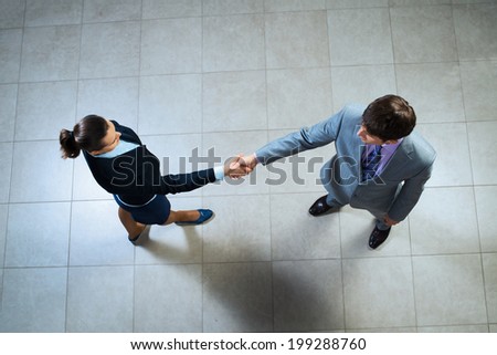 Business woman and businessman shaking hands, reach agreement