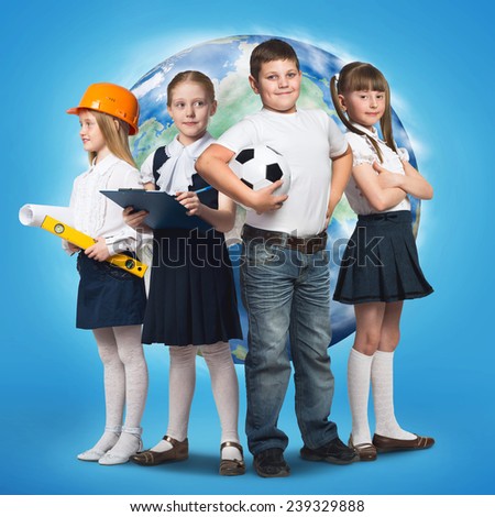 Children of school age trying different professions. Elements of this image are furnished by NASA
