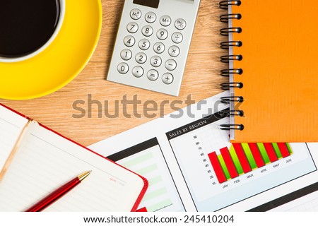 image of a cup of coffee, calculator, notepad and pen. business still life