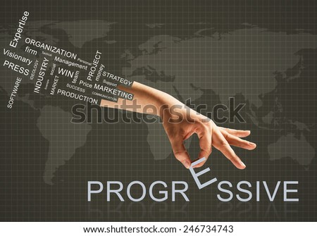 Human hand connecting letters of word progress