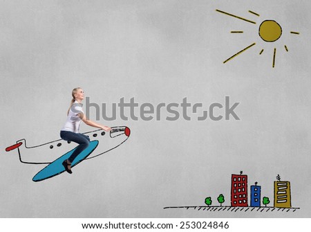 Business woman student or teacher sitting on drawn airplane
