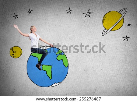 Business woman student or teacher sitting on drawn Earth planet