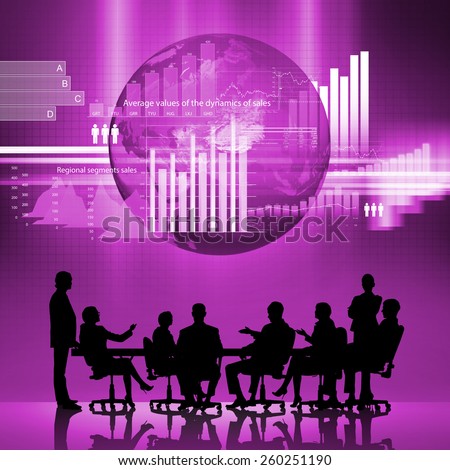Silhouttes of business people as team sitting round table at digital background