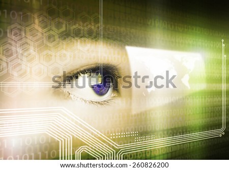 Close up of human eye on digital binary background