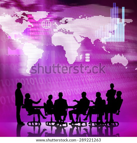 Silhouttes of business people as team sitting round table at digital background