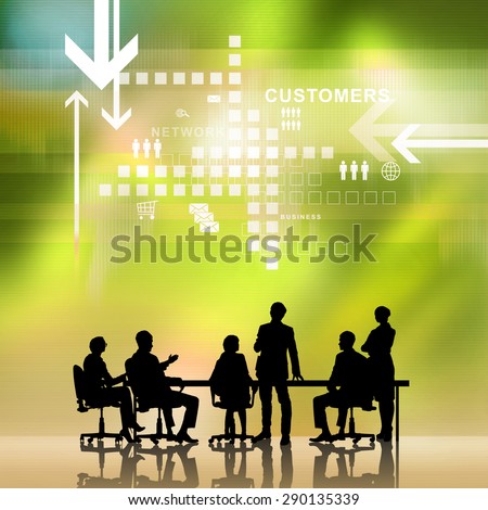 Silhouettes of business people as team sitting round table at digital background