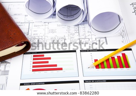 pencil, chartsr, documents, notepad, blueprint for business collage