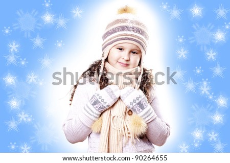 Winter Pleasant Girl snow flake blue  background