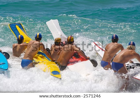Iron man, surf lifesaving race. Contestants waiting to start
